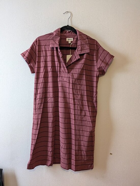 Pact Dresses & Skirts - NWT Pact Organic Cotton Striped Polo Dress Mauve Burgundy Short Sleeve L